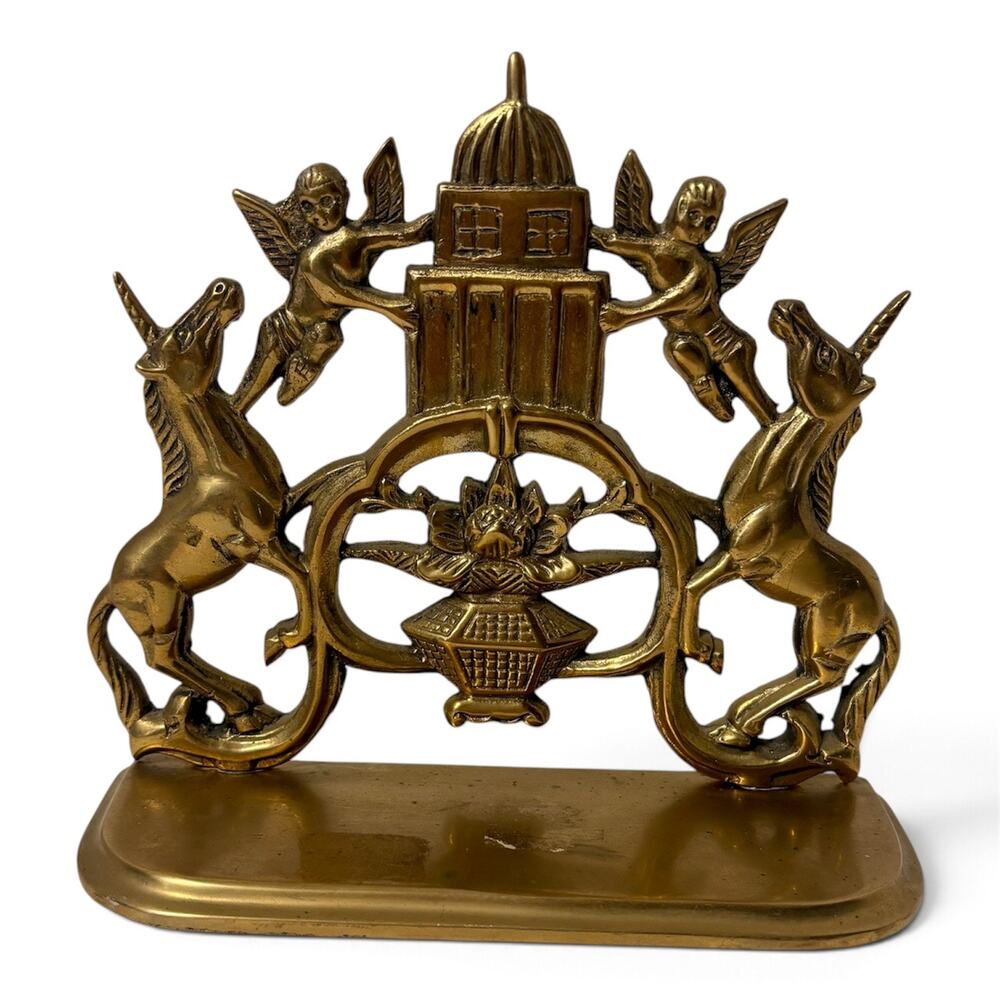Vintage Brass Unicorn & Cherub Bookend |  Hollywood Regency Fantasy Bookshelf